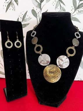 Necklace Earring Set Brass Copper Silver Color Bib Retro Vintage Style NWT